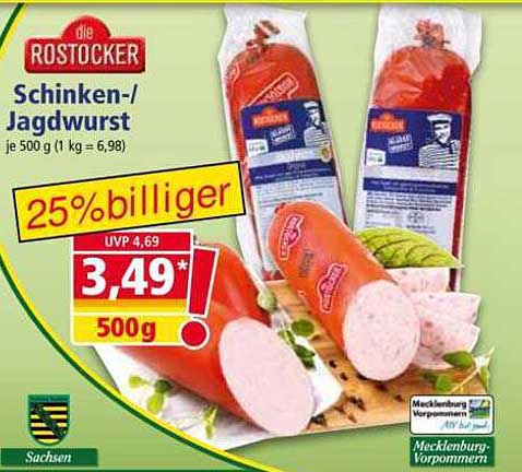 die ROSTOCKER Schinken-/Jagdwurst je 500 g (1 kg = 6,98)