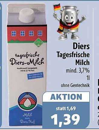 Diers Tagesfrische Milch mind. 3,7% 1l ohne Gentechnik