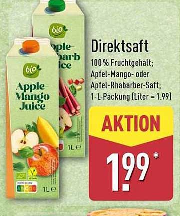 Direktsaft 100 % Fruchtgehalt; Apfel-Mango- oder Apfel-Rhabarber-Saft; 1-L-Packung (Liter = 1.99)