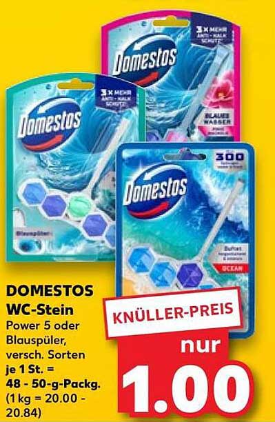 DOMESTOS WC-Stein Power 5 oder Blauspüler, versch. Sorten je 1 St. = 48 - 50-g-Pack. (1 kg = 20.00 - 20.84)