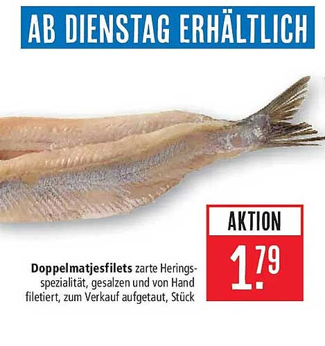 Doppelmatjesfilets zarte Herings-spezialität, gesalzen und von Hand filetiert, zum Verkauf aufgetaut, Stück