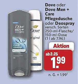 Dove oder Dove Men + Care Pflegedusche oder Deospray versch. Sorten 250-ml-Flasche/150-ml-Dose (1 l ab 7.96)