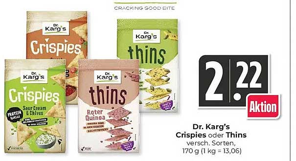 Dr. Karg's Crispies oder Thins vers. Sorten, 170 g (1 kg = 13,06)