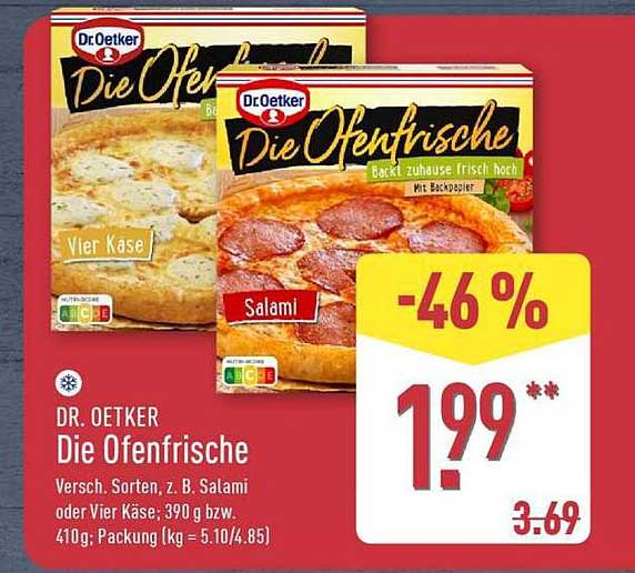DR. OETKER Die Ofenfrische Versch. Sorten, z. B. Salami oder Vier Käse; 390 g bzw. 410 g; Packung (1 kg = 5.10/4.85)