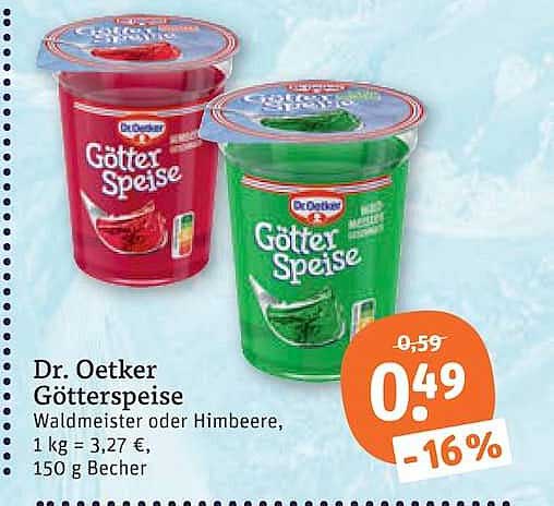Dr. Oetker Götterspeise Waldmeister oder Himbeere, 1 kg = 3,27 €, 150 g Becher