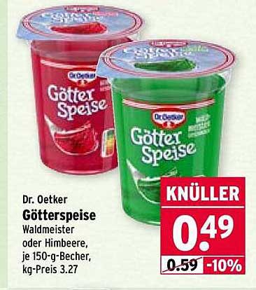 Dr. Oetker Götterspeise Waldmeister oder Himbeere, je 150-g-Becher, kg-Preis 3.27