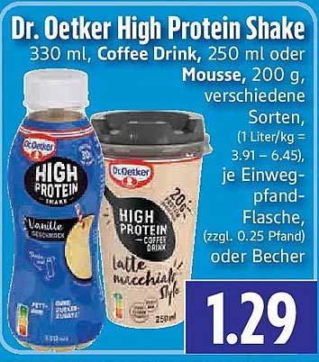 Dr. Oetker High Protein Shake 330 ml, Coffee Drink, 250 ml oder Mousse, 200 g, verschiedene Sorten, je Einweg-Pfand-Flasche, (zzgl. 0.25 Pfand) oder Becher