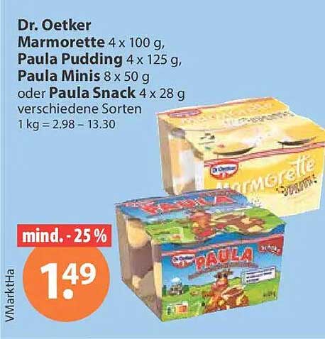 Dr. Oetker Marmorette 4 x 100 g, Paula Pudding 4 x 125 g, Paula Minis 8 x 50 g oder Paula Snack 4 x 28 g verschiedene Sorten