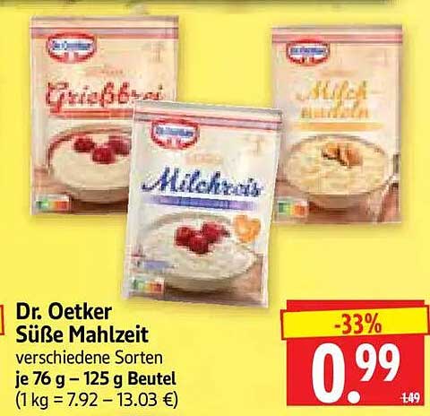 Dr. Oetker Süße Mahlzeit verschiedene Sorten je 76 g – 125 g Beutel (1 kg = 7.92 – 13.03 €)
