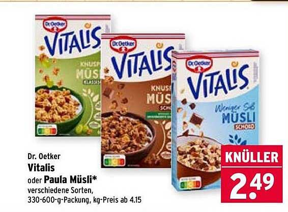 Dr. Oetker Vitalis oder Paula Müsli* verschiedene Sorten, 330-600-g-Packung, kg-Preis ab 4.15