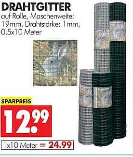 DRAHTGITTER auf Rolle, Maschenweite: 19mm, Drahtstärke: 1mm, 0,5x10 Meter