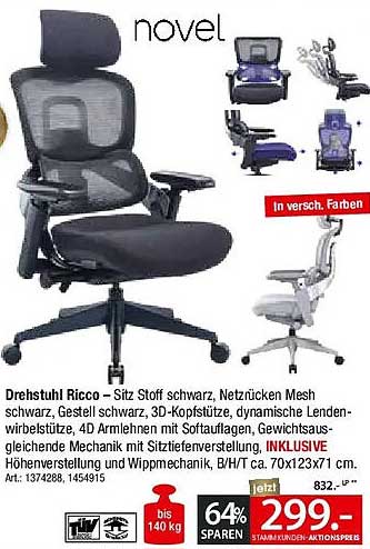 Drehstuhl Ricco – Sitz Stoff schwarz, Netzrücken Mesh schwarz, Gestell schwarz, 3D-Kopfstütze, dynamische Lendenwirbelstütze, 4D Armlehnen, hohe Rückenlehne, Netzfunktions-Sitzflächenvenen mit Sitzflächenvenenverstellg., INKLUSIVE Höhenverstellung und Wip