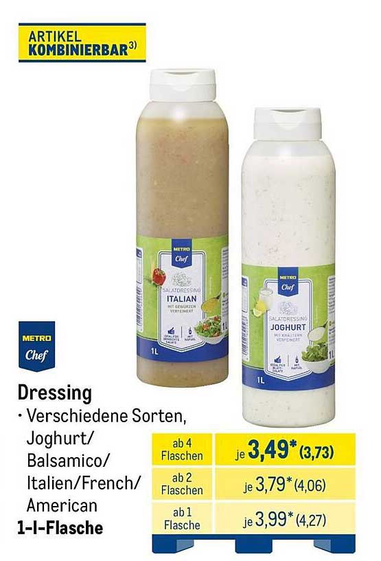 Dressing · Verschiedene Sorten, Joghurt/Balsamico/Italien/French/American 1-l-Flasche