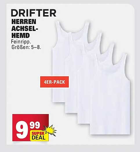 DRIFTER HERREN ACHSEL-HEMD Feinstripp. Größen: 5-8. 4ER-PACK