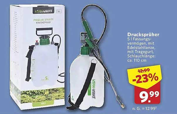 Drucksprüher 5 l Fassungs-vermögen, mit Edelstahllanze, mit Tragegurt, Schlauchlänge: ca. 110 cm
