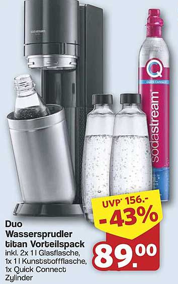 Duo Wassersprudler titan VorteilsPack inkl. 2x 1 l Glasflasche, 1x 1 l Kunststoffflasche, 1x Quick Connect Zylinder