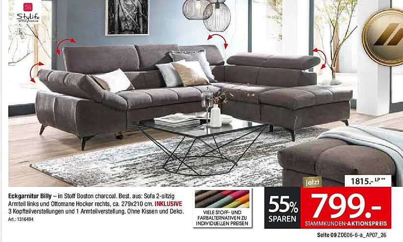 Eckgarnitur Billy – in Stoff Boston charcoal. Best. aus: Sofa 2-sitzig Anstell links und Ottomane Hocker rechts, ca. 279x210 cm. INKLUSIVE 3 Kopfteilverstellungen und 1 Armteilverstellung. Ohne Kissen und Deko.
