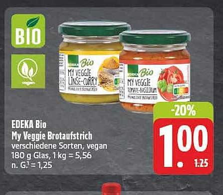 EDEKA Bio My Veggie Brotaufstrich verschiedene Sorten; vegan 180 g Glas, 1 kg = 5,56 n. G. 1= 1,25