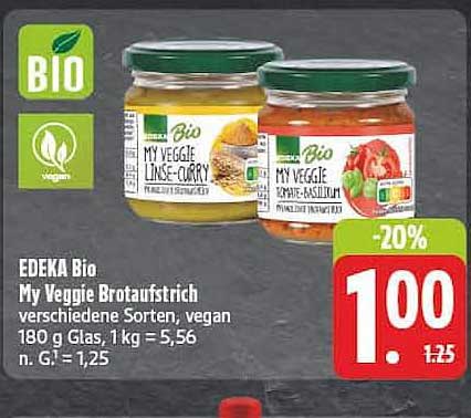 EDEKA Bio My Veggie Brotaufstrich verschiedene Sorten, vegan 180 g Glas, 1 kg = 5,56 n. G. = 1,25