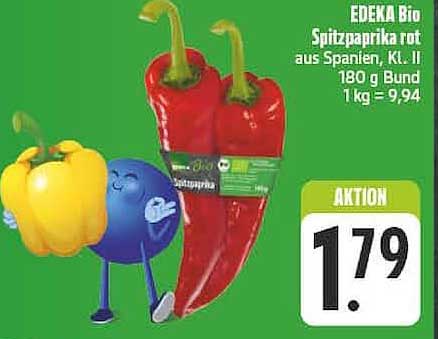 EDEKA Bio Spitzpaprika rot aus Spanien, Kl. I 180 g Bund 1 kg = 9,94