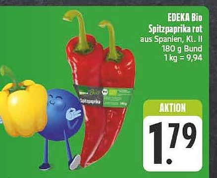 EDEKA Bio Spitzpaprika rot aus Spanien, Kl. II 180 g Bund 1 kg = 9,94