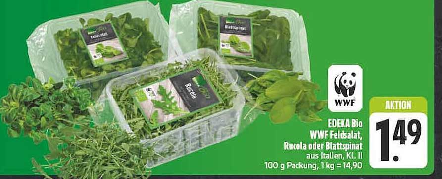 EDEKA Bio WWF Feldsalat, Rucola oder Blattspinat aus Italien, Kl. I