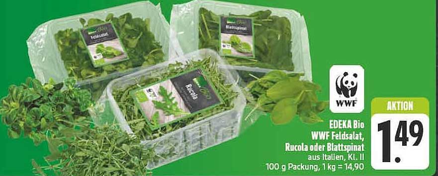 EDEKA Bio WWF Feldsalat, Rucola oder Blattspinat aus Italien, Kl. I