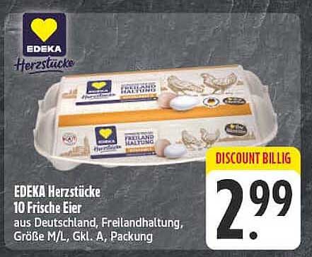 EDEKA Herzstücke 10 Frische Eier aus Deutschland, Freilandhaltung, Größe M/L, Gkl. A, Packung