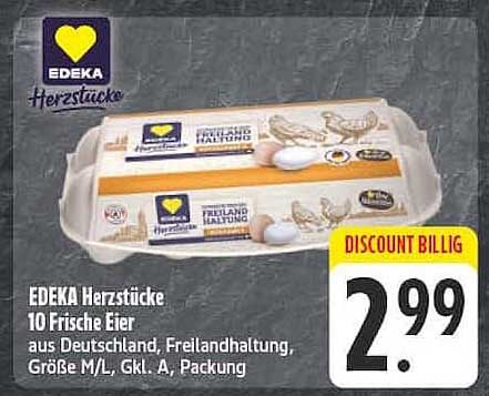 EDEKA Herzstücke 10 Frische Eier aus Deutschland, Freilandhaltung, Größe M/L, Gkl. A, Packung