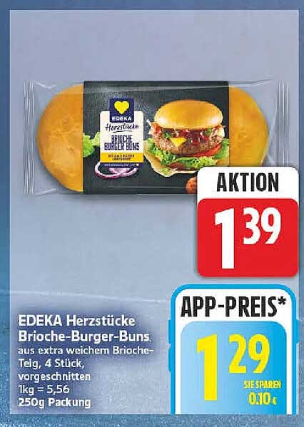 EDEKA Herzstücke Brioche-Burger-Buns, aus extra weichem Brioche-Teig, 4 Stück, vorgeschnitten, 1 kg = 5,56, 250g Packung
