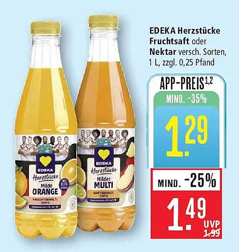 EDEKA Herzstücke Fruchtsaft oder Nektar versch. Sorten, 1 l, zzgl. 0,25 Pfand