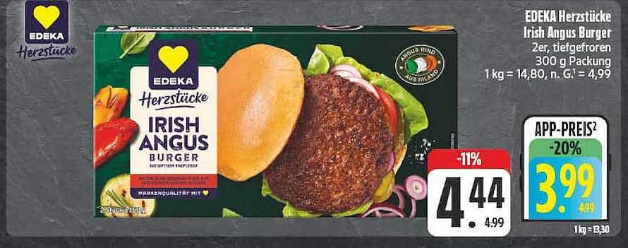 EDEKA Herzstücke Irish Angus Burger 2er, tiefgefroren 300 g Packung