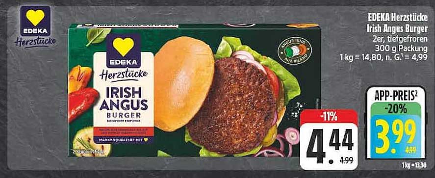 EDEKA Herzstücke Irish Angus Burger 2er, tiefgefroren, 300 g Packung