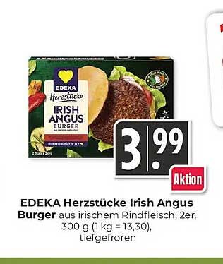 EDEKA Herzstücke Irish Angus Burger aus irischem Rindfleisch, 2er, 300 g (1 kg = 13,30), tiefgefroren