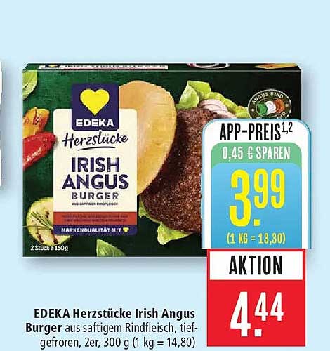 EDEKA Herzstücke Irish Angus Burger aus saftigem Rindfleisch, tiefgefroren, 300 g (1 kg = 14,80)