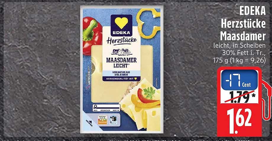 EDEKA Herzstücke Maasdamer leicht, in Scheiben 30% Fett i. Tr., 175 g (1 kg = 9,26)