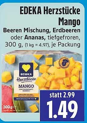 EDEKA Herzstücke Mango Beeren Mischung, Erdbeeren oder Ananas, tiefgefroren, 300 g, (1 kg = 4.97), je Packung