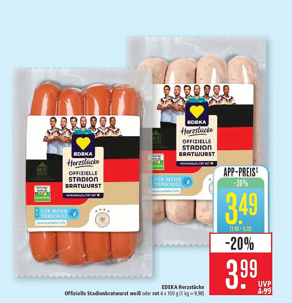 EDEKA Herzstücke Offizielle Stadion Bratwurst weiß oder rot 4 x 100 g (1 kg = 9,98)