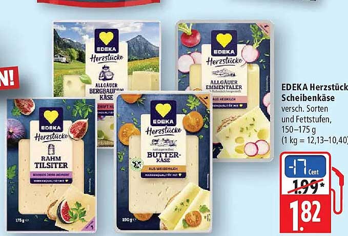 EDEKA Herzstücke Scheibenkäse versch. Sorten und Fettstufen, 150–175 g (1 kg = 12,13–10,40)