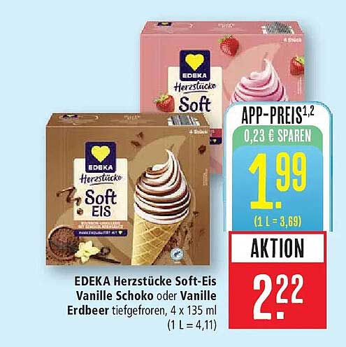 EDEKA Herzstücke Soft-Eis Vanille Schoko oder Vanille Erdbeer tiefgefroren, 4 x 135 ml