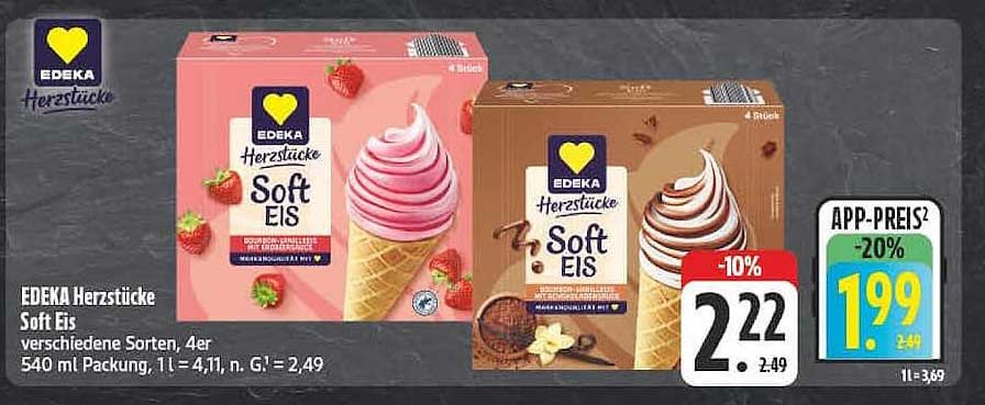 EDEKA Herzstücke Soft Eis verschiedene Sorten, 4er 540 ml Packung, 1 L = 4,11, n. G.* = 2,49
