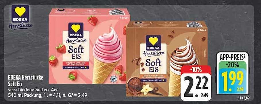 EDEKA Herzstücke Soft Eis verschiedene Sorten, 4er 540 ml Packung, 1 l = 4,11, n. G.1 = 2,49