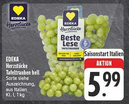 EDEKA Herzstücke Tafeltrauben hell, Sorte siehe Auszeichnung, aus Italien, Kl. I, 1 kg