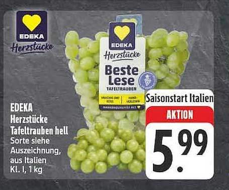 EDEKA Herzstücke Tafeltrauben hell Sorte siehe Auszeichnung, aus Italien Kl. I, 1 kg