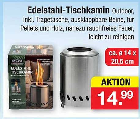 Edelstahl-Tischkamin Outdoor, inkl. Tragetasche, ausklappbare Beine, für Pellets und Holz, nahezu rauchfreies Feuer, leicht zu reinigen