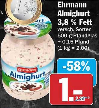Ehrmann Almighurt 3,8 % Fett versch. Sorten 500 g Pfandglas + 0.15 Pfand (1 kg = 2.00)