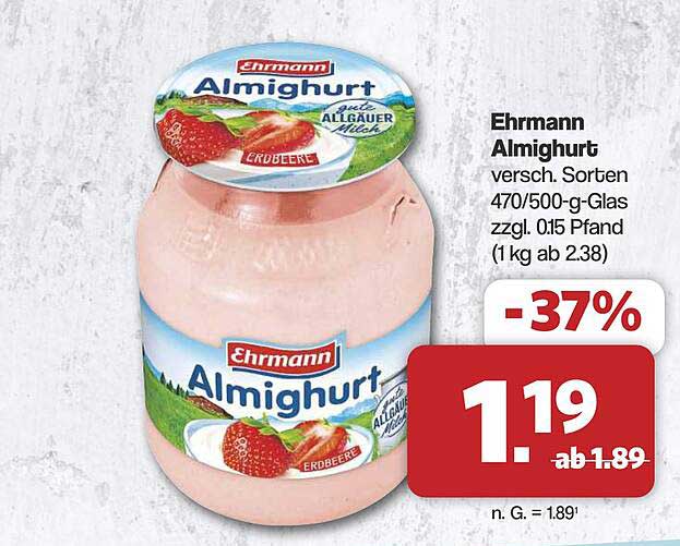 Ehrmann Almighurt versch. Sorten 470/500-g-Glas zzgl. 0,15 Pfand (1 kg ab 2.38)