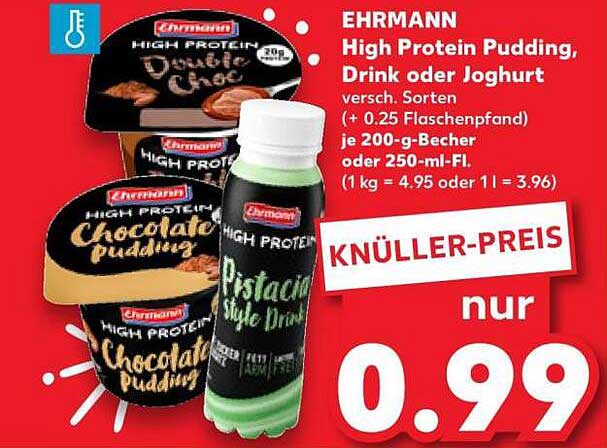 EHRMANN High Protein Pudding, Drink oder Joghurt versch. Sorten (+ 0.25 Flaschenpfand) je 200-g-Becher oder 250-ml-Fl. (1 kg = 4.95 oder 1 l = 3.96)