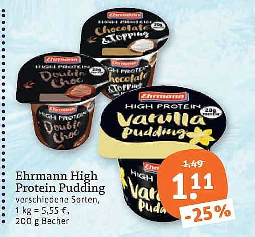 Ehrmann High Protein Pudding verschiedene Sorten, 1 kg = 5,55 €, 200 g Becher