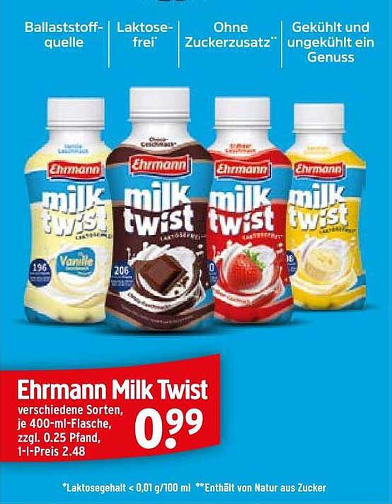 Ehrmann Milk Twist verschiedene Sorten, je 400-ml-Flasche, zzgl. 0.25 Pfand, 1-l-Preis 2.48